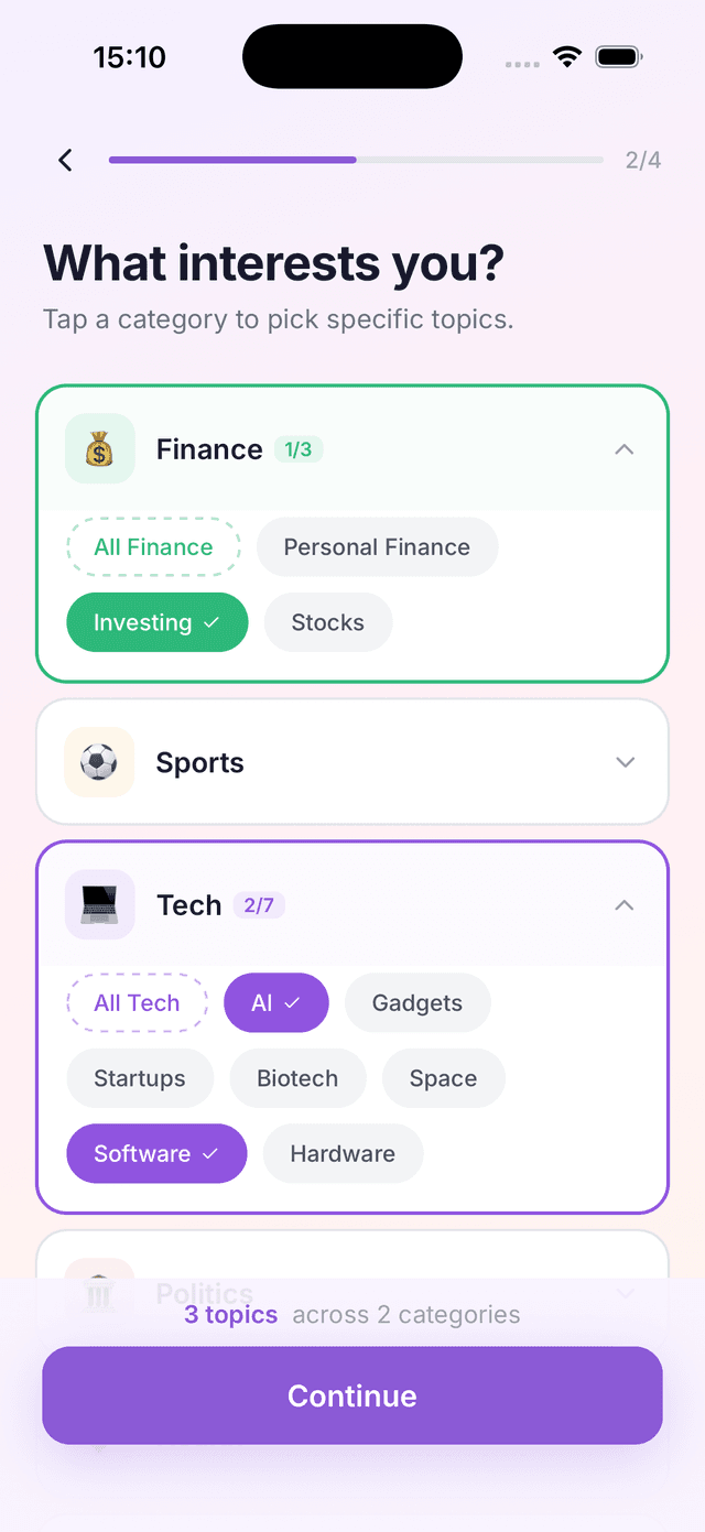 OwnPod topic selection screen showing Finance, Sports and Tech interests
